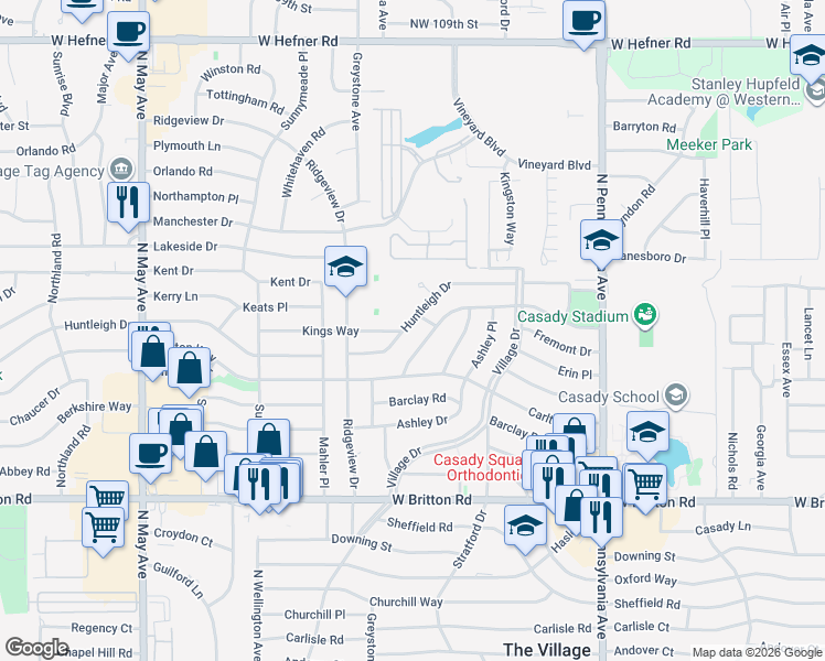 map of restaurants, bars, coffee shops, grocery stores, and more near 2446 Huntleigh Drive in The Village