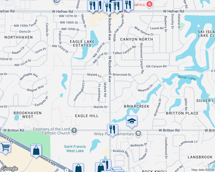 map of restaurants, bars, coffee shops, grocery stores, and more near 9907 Skylark Road in Oklahoma City