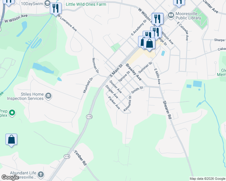 map of restaurants, bars, coffee shops, grocery stores, and more near 208 Dingler Avenue in Mooresville
