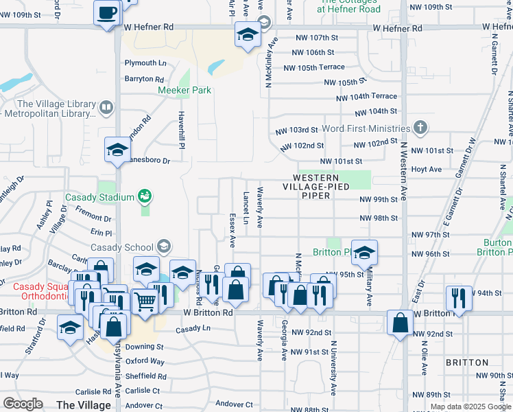 map of restaurants, bars, coffee shops, grocery stores, and more near 9909 Waverly Avenue in The Village