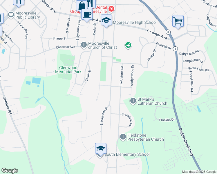 map of restaurants, bars, coffee shops, grocery stores, and more near 405 South Magnolia Street in Mooresville
