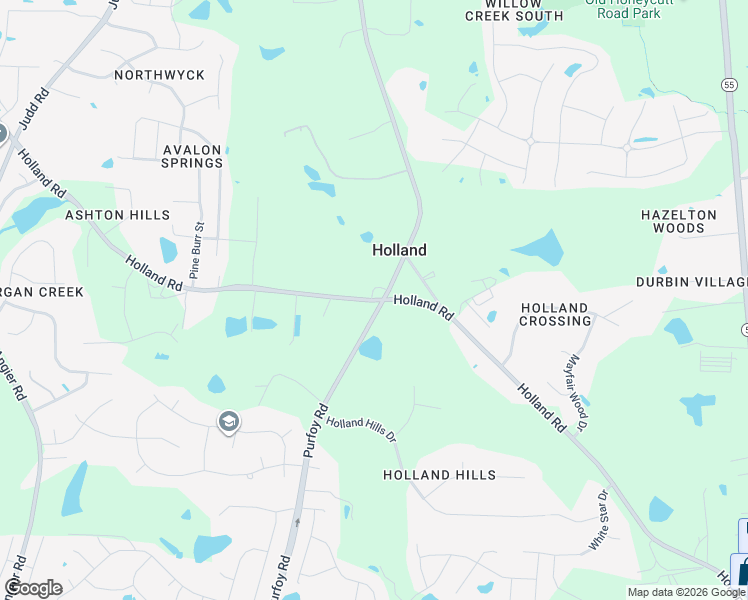 map of restaurants, bars, coffee shops, grocery stores, and more near 1309 Holland Road in Fuquay Varina