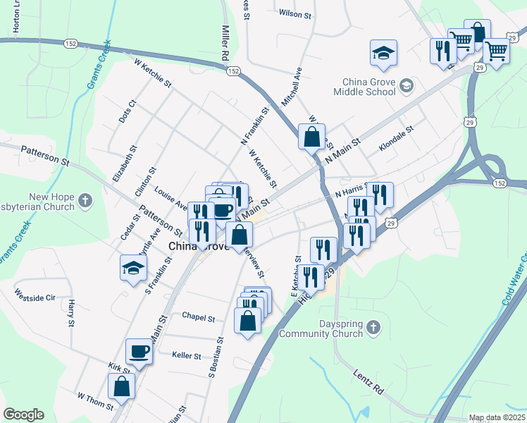 map of restaurants, bars, coffee shops, grocery stores, and more near 308 North Main Street in China Grove