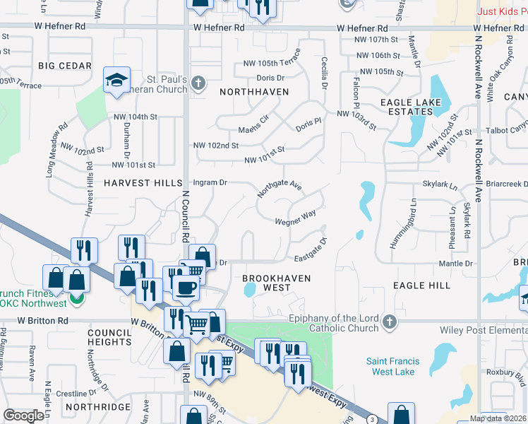 map of restaurants, bars, coffee shops, grocery stores, and more near 7729 Wegner Way in Oklahoma City