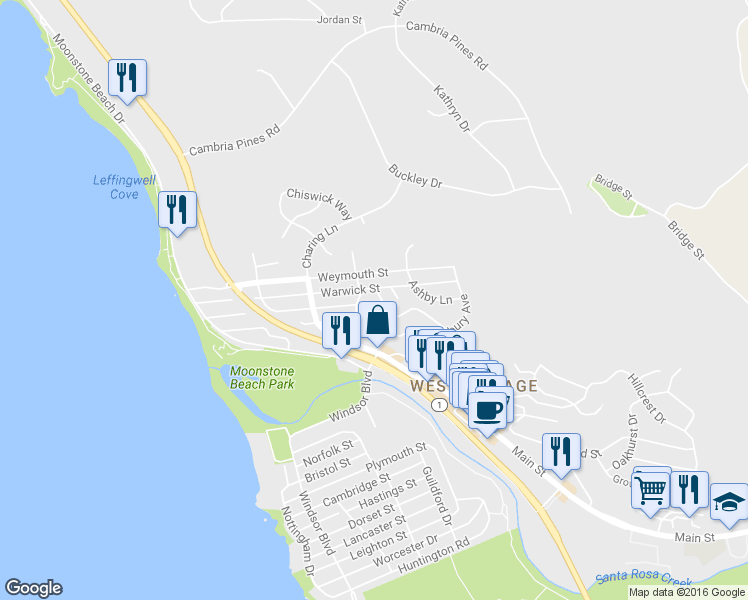 map of restaurants, bars, coffee shops, grocery stores, and more near 508 Canterbury Lane in Cambria