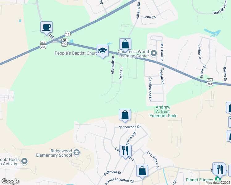 map of restaurants, bars, coffee shops, grocery stores, and more near 206 Pearl Drive in Greenville