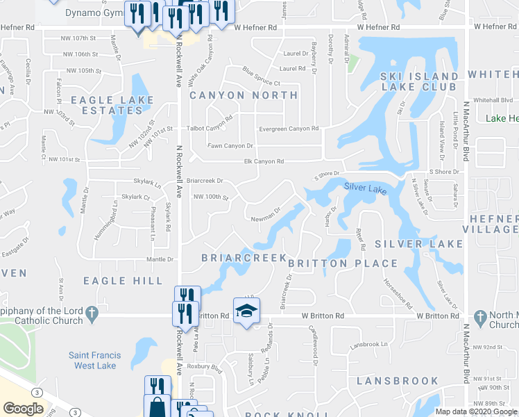 map of restaurants, bars, coffee shops, grocery stores, and more near 6730 Briarcreek Drive in Oklahoma City