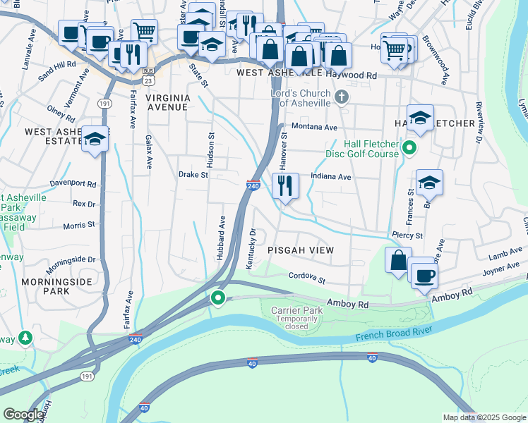 map of restaurants, bars, coffee shops, grocery stores, and more near 82 Stewart Street in Asheville