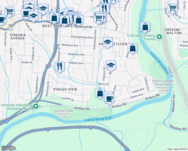 map of restaurants, bars, coffee shops, grocery stores, and more near 198 Swannanoa Avenue in Asheville