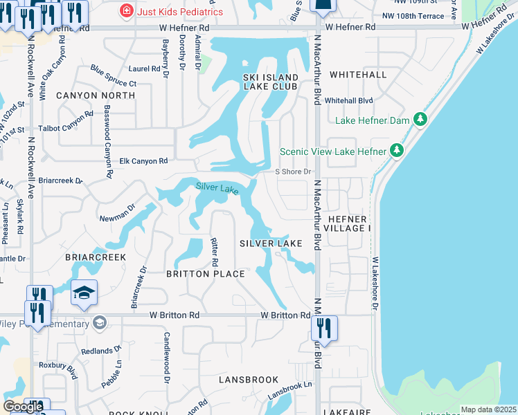 map of restaurants, bars, coffee shops, grocery stores, and more near 9825 Silver Lake Drive in Oklahoma City