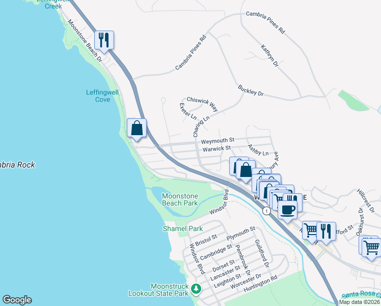map of restaurants, bars, coffee shops, grocery stores, and more near 368 Warwick Street in Cambria
