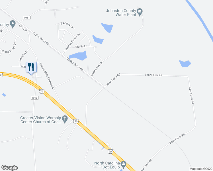 map of restaurants, bars, coffee shops, grocery stores, and more near Bear Farm Road in Smithfield