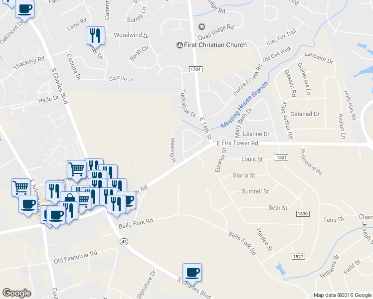 map of restaurants, bars, coffee shops, grocery stores, and more near 3100 Cleere Court in Greenville