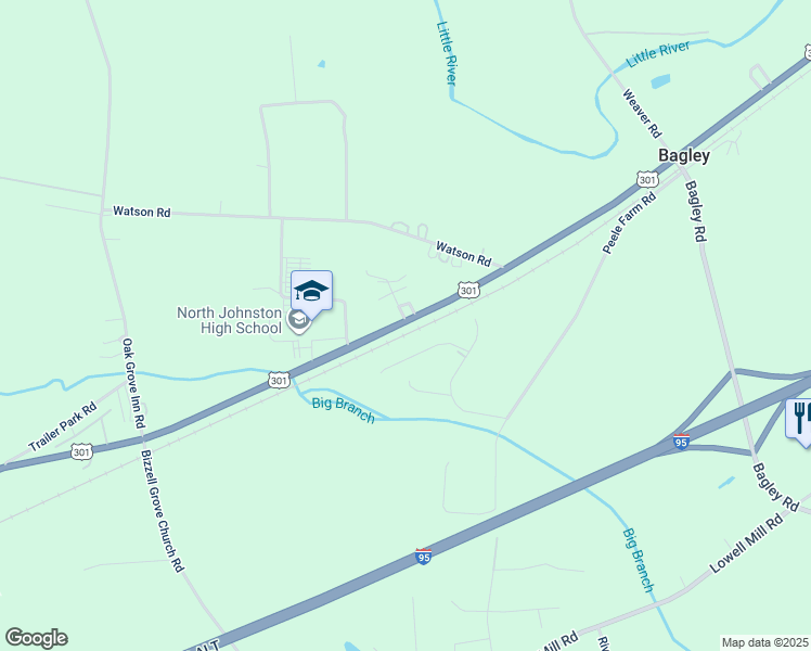 map of restaurants, bars, coffee shops, grocery stores, and more near Walnut Hall Court in Johnston County