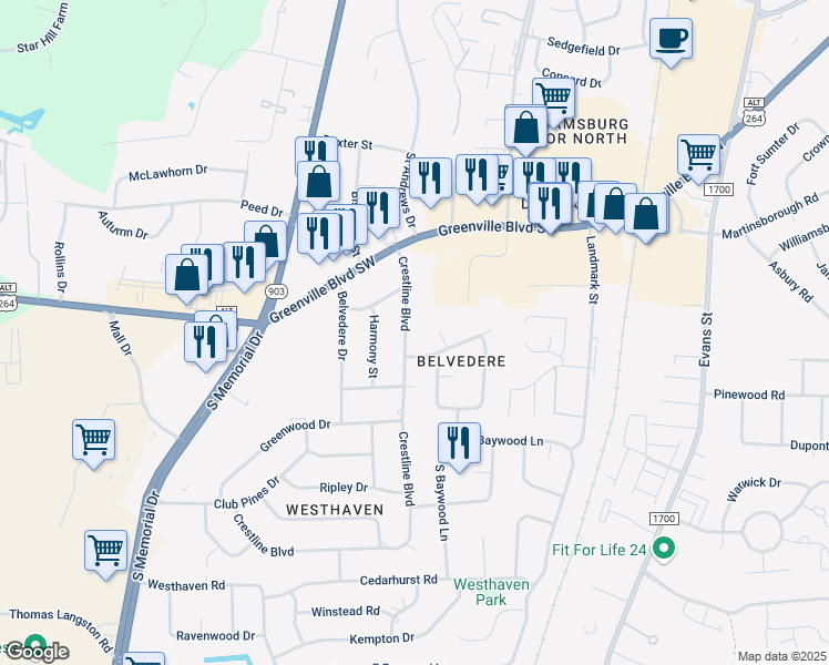 map of restaurants, bars, coffee shops, grocery stores, and more near 213 Crestline Boulevard in Greenville