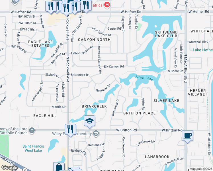 map of restaurants, bars, coffee shops, grocery stores, and more near 6614 Newman Drive in Oklahoma City