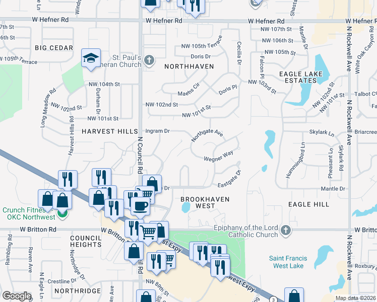 map of restaurants, bars, coffee shops, grocery stores, and more near 7729 Wegner Way in Oklahoma City