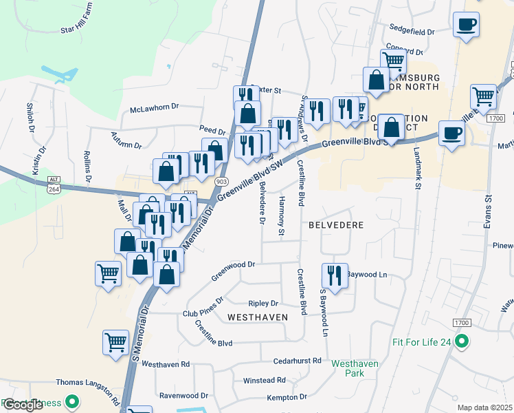 map of restaurants, bars, coffee shops, grocery stores, and more near 206 Belvedere Drive in Greenville
