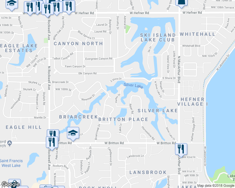 map of restaurants, bars, coffee shops, grocery stores, and more near 9905 Harbor Drive in Oklahoma City