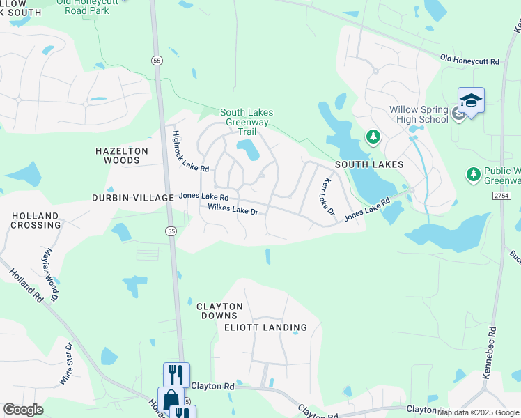 map of restaurants, bars, coffee shops, grocery stores, and more near 2953 Wilkes Lake Drive in Fuquay-Varina