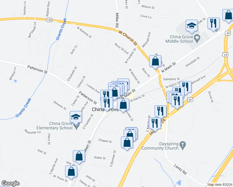 map of restaurants, bars, coffee shops, grocery stores, and more near 112 West Centerview Street in China Grove