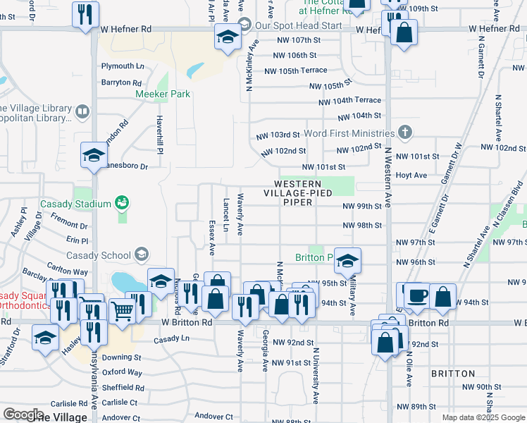 map of restaurants, bars, coffee shops, grocery stores, and more near 1420 Northwest 99th Street in Oklahoma City