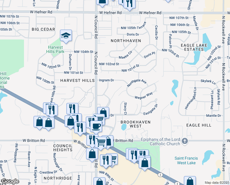 map of restaurants, bars, coffee shops, grocery stores, and more near 9907 Mashburn Boulevard in Oklahoma City