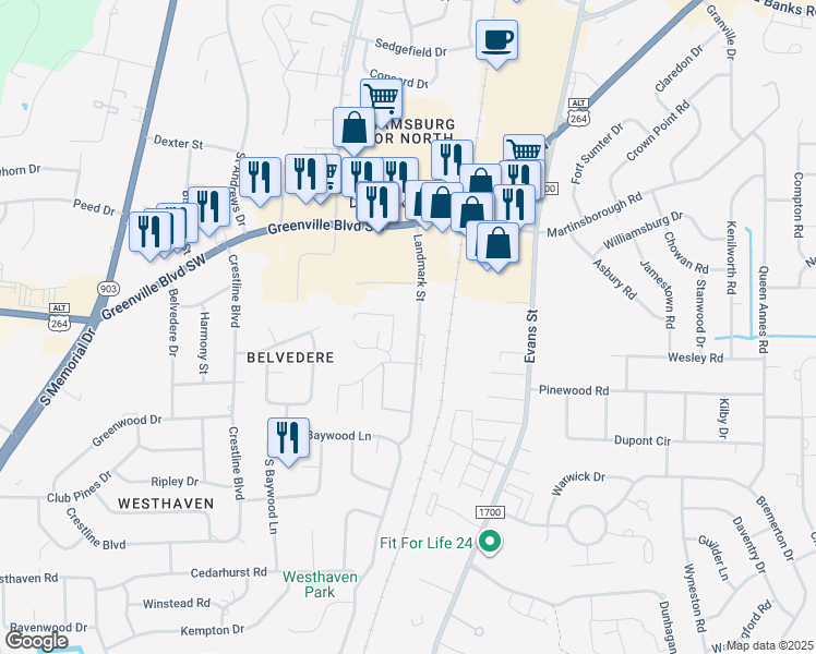 map of restaurants, bars, coffee shops, grocery stores, and more near 3260 Landmark Street in Greenville
