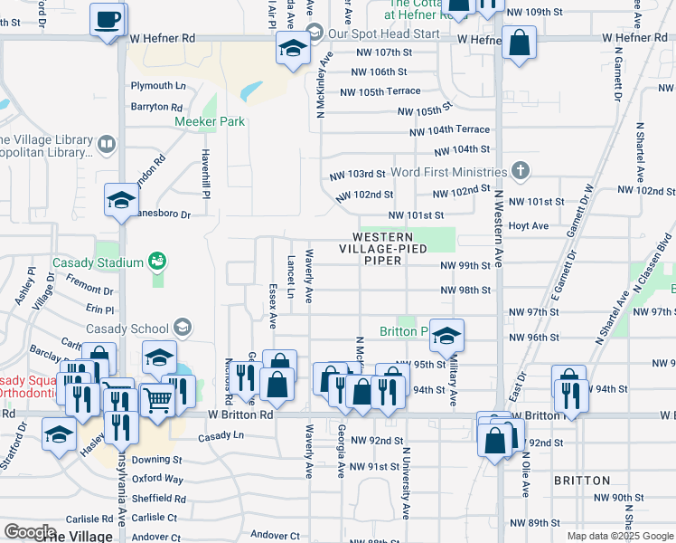 map of restaurants, bars, coffee shops, grocery stores, and more near 1420 Northwest 99th Street in Oklahoma City
