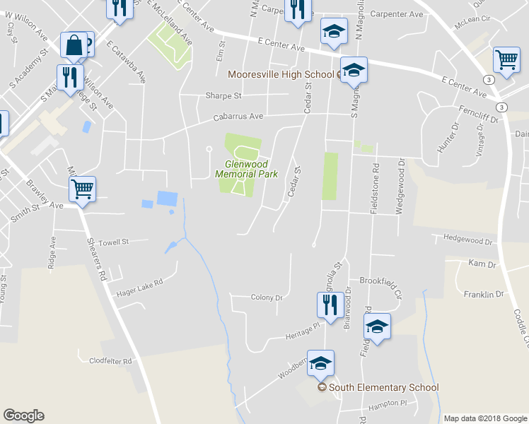 map of restaurants, bars, coffee shops, grocery stores, and more near 408 Glenwood Drive in Mooresville