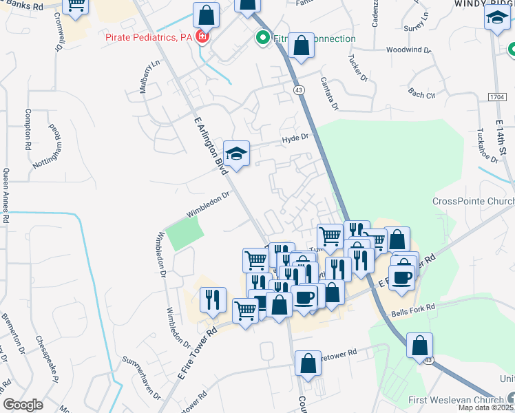 map of restaurants, bars, coffee shops, grocery stores, and more near 1659 East Arlington Boulevard in Greenville
