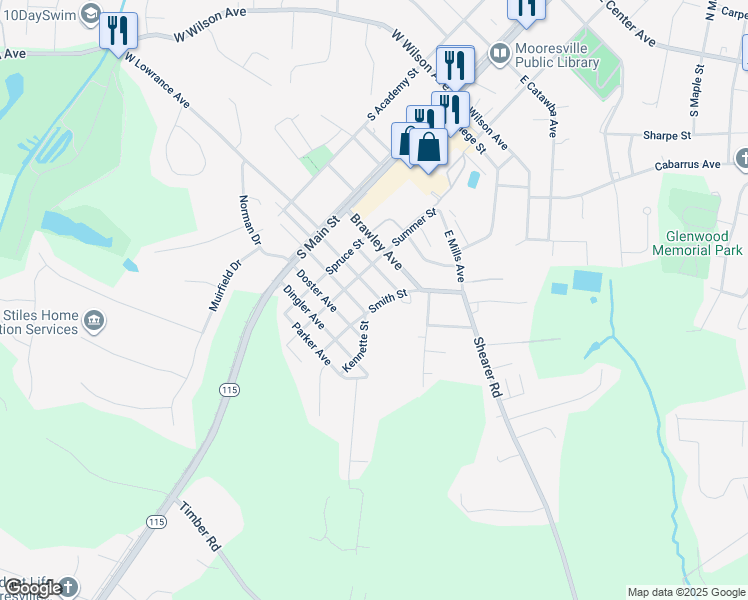 map of restaurants, bars, coffee shops, grocery stores, and more near 325 East Gray Avenue in Mooresville