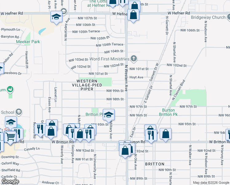 map of restaurants, bars, coffee shops, grocery stores, and more near 1136 Northwest 99th Street in Oklahoma City