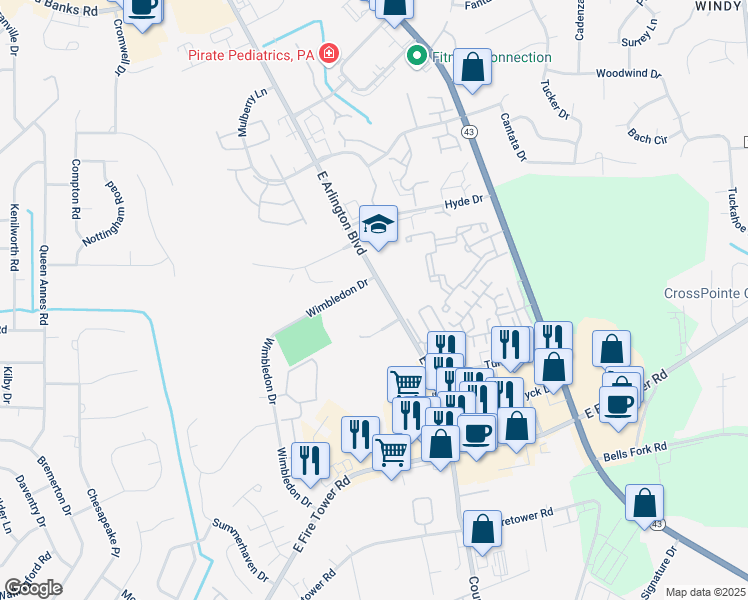 map of restaurants, bars, coffee shops, grocery stores, and more near 1692 East Arlington Boulevard in Greenville