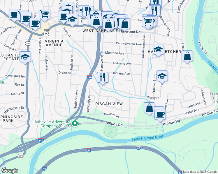 map of restaurants, bars, coffee shops, grocery stores, and more near 279 State Street in Asheville