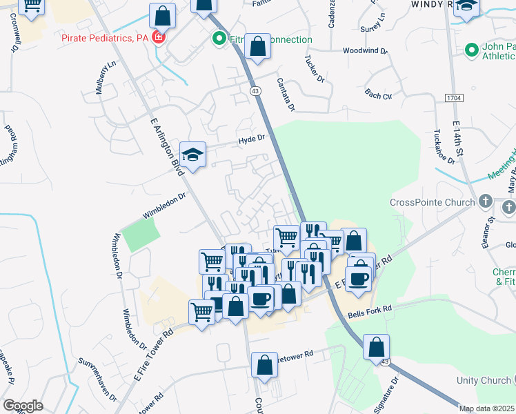 map of restaurants, bars, coffee shops, grocery stores, and more near 1930 Tara Court in Greenville