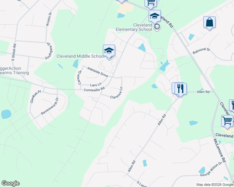 map of restaurants, bars, coffee shops, grocery stores, and more near 145 Clarence Lane in Garner
