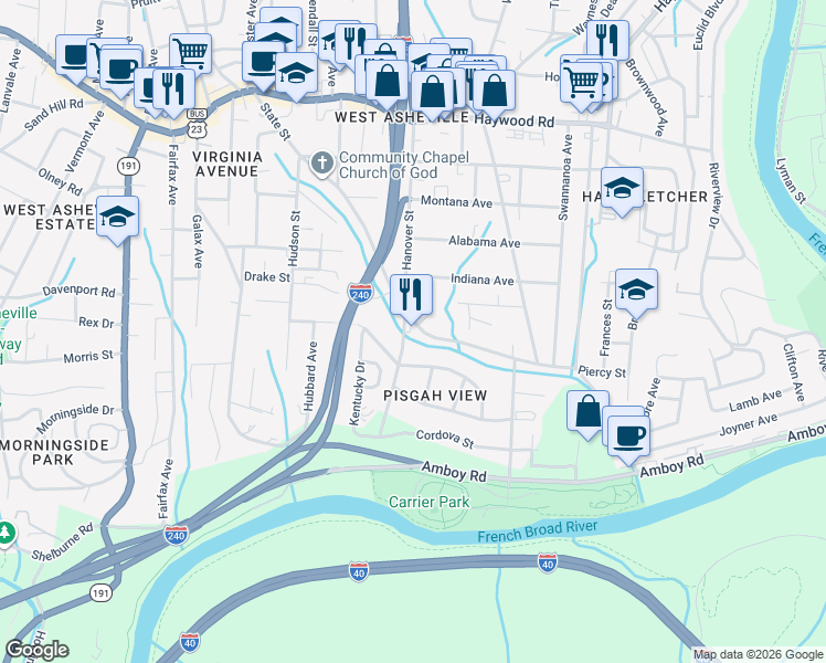 map of restaurants, bars, coffee shops, grocery stores, and more near 202 State Street in Asheville