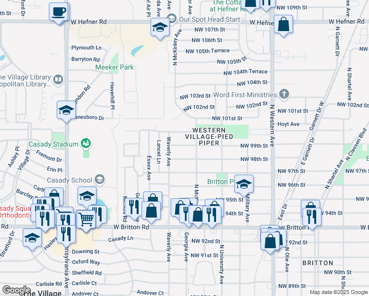 map of restaurants, bars, coffee shops, grocery stores, and more near 1420 Northwest 99th Street in Oklahoma City