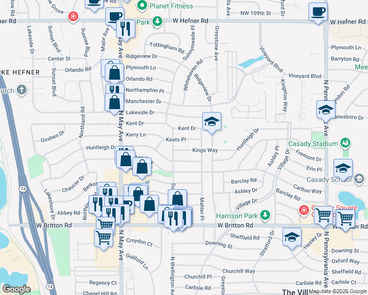 map of restaurants, bars, coffee shops, grocery stores, and more near 2625 Kings Way in The Village