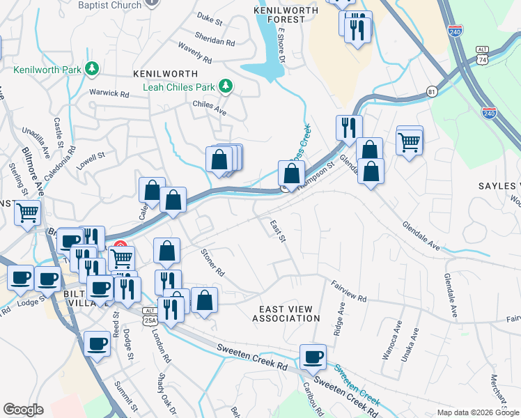 map of restaurants, bars, coffee shops, grocery stores, and more near 92 Thompson Street in Asheville