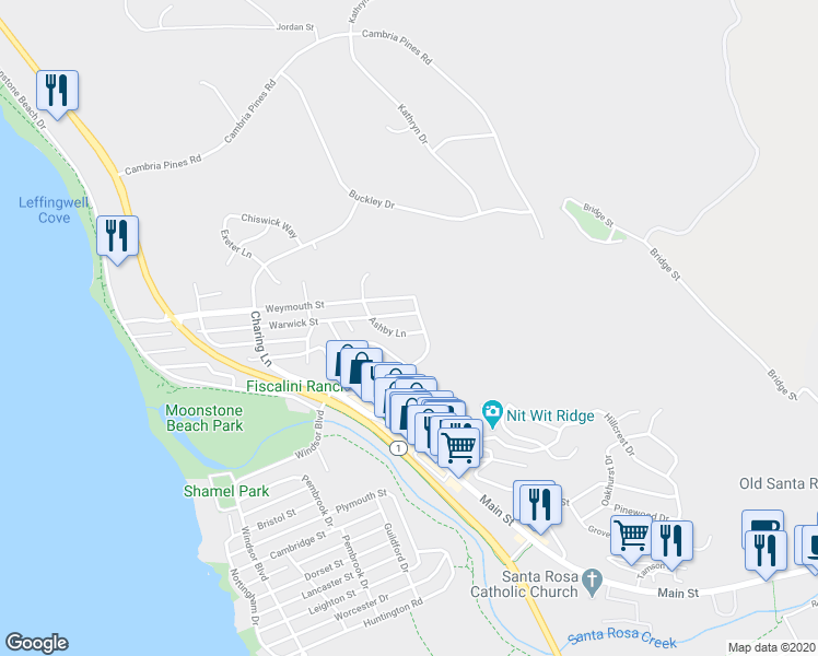 map of restaurants, bars, coffee shops, grocery stores, and more near 673 Ashby Lane in Cambria