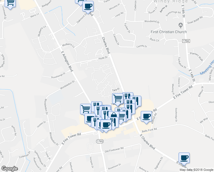 map of restaurants, bars, coffee shops, grocery stores, and more near 1391 Tara Court in Greenville