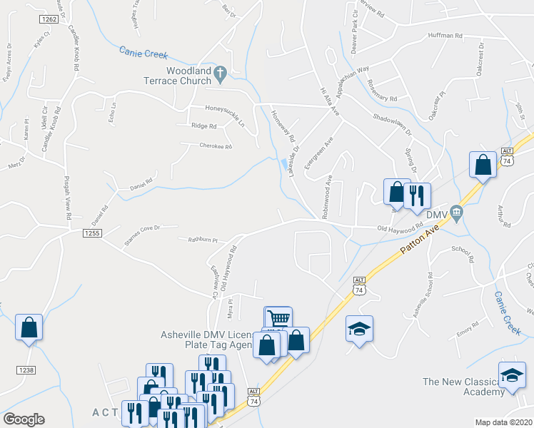 map of restaurants, bars, coffee shops, grocery stores, and more near 204 Torch Light Way in Asheville