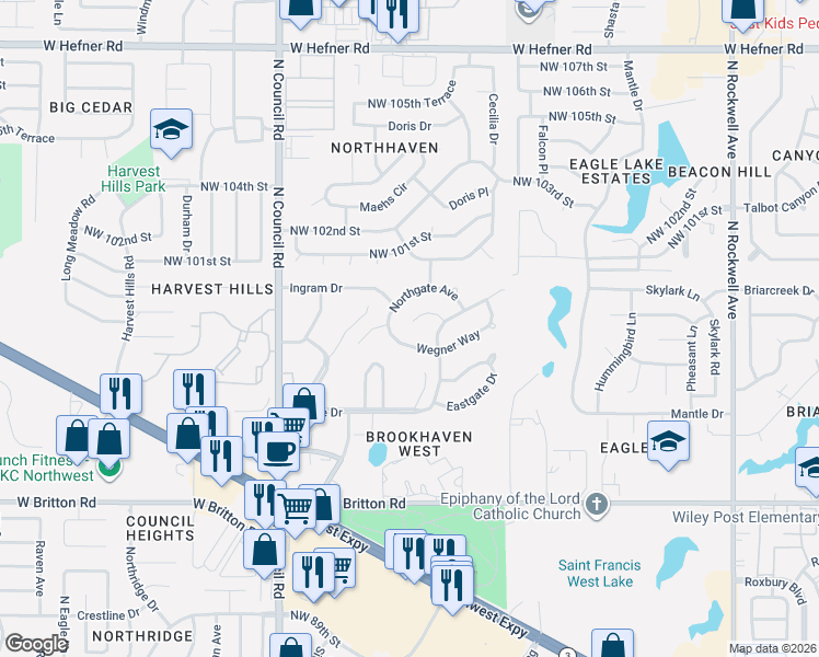map of restaurants, bars, coffee shops, grocery stores, and more near 7729 Wegner Way in Oklahoma City