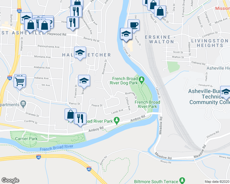 map of restaurants, bars, coffee shops, grocery stores, and more near 426 Riverview Drive in Asheville