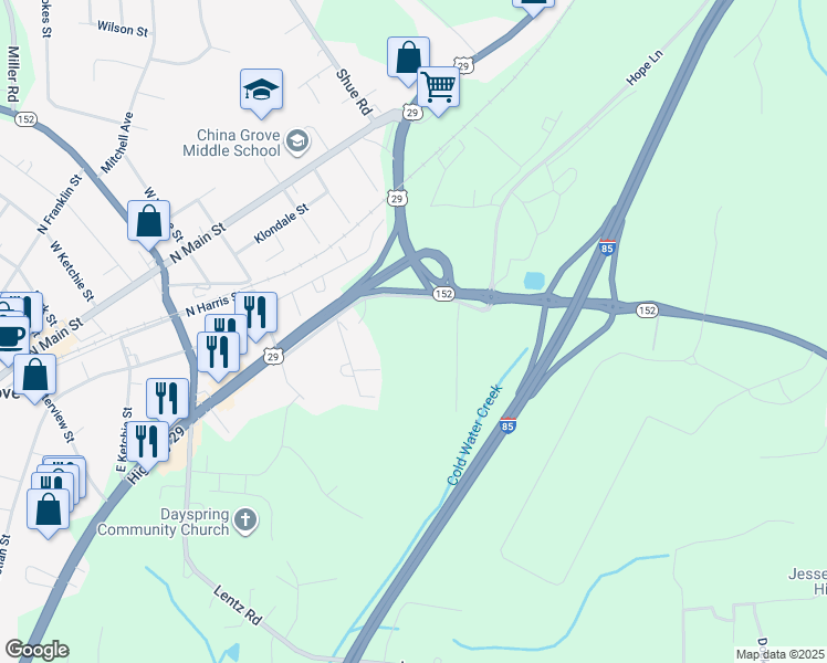 map of restaurants, bars, coffee shops, grocery stores, and more near 1150 Power Street in China Grove