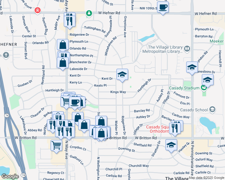 map of restaurants, bars, coffee shops, grocery stores, and more near 10000 Mahler Place in The Village
