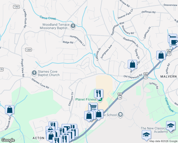 map of restaurants, bars, coffee shops, grocery stores, and more near 1773 Old Haywood Road in Asheville