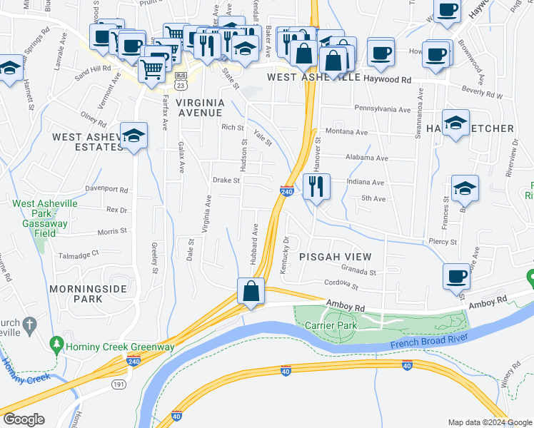 map of restaurants, bars, coffee shops, grocery stores, and more near 37 Stewart Street in Asheville